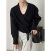 Cardigan Corto de Punto para Mujer con Cuello en V y Lazo, Chaqueta de Punto con Diseño