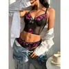 Amazon camisola con bordado de lazo con estampado lencería sexy y seductora conjunto de tres piezas 9079s
