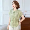 Novas Camisetas Tendência de Verão Estilo Chinês para Mulheres de Meia-Idade e Idosas 2026 Novas Blusas de Manga Curta com Ajuste na Cintura