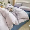 Conjunto de Quatro Peças para Dormir em Algodão Puro Classe A Estilo Ins Pequeno Fresco Cor Sólida Algodão Lavado Super Macio Lençol de Elástico Capa de Edredom Conjunto de Três Peças