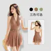 Maiô Feminino Kaixinyuan Peça Única, Elegante Francês com Decote Halter, Ajuste na Cintura com Cinto de Metal, Shorts tipo Boxer, Roupa de Banho para Resort de Águas Termais