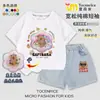 2025 Novo Capivara Lantejoula Estilo Verão Meninas Médio e Grande Infantil Algodão Puro Manga Curta Jeans Conjunto de Duas Peças Tendência
