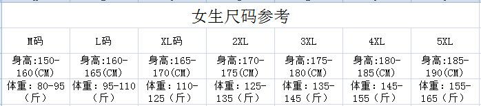 5XL码 女生尺码表主