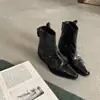Versión de piel de vaca punta fina cuello en V botas vaqueras mujer Chelsea retro francés botas ajustadas plisadas tacón grueso botas cortas de piel auténtica