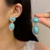 Brincos Boêmios Retrô de Turquesa Sintética Oval com Brilho de Diamante Meio Antigo Nicho Azul Brilhante Elegantes para Mulheres