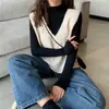 Chaleco de color liso estilo coreano para otoño e invierno con cuello, chaleco pullover versátil y simple, prenda exterior sin mangas, negro para mujer