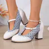 Sapatos femininos europeus e americanos transfronteiriços de corte baixo, sapatos de tira T, sapatos únicos de comércio exterior, sapatos Mary Jane femininos de salto alto com salto grosso, color blocking, atacado, tamanhos grandes