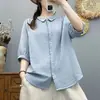 Camisa Feminina de Renda com Carcela, Manga Média, Cor Sólida Simples, Estilo Casual Preguiçoso, Caimento Solto, Gaze de Camada Dupla, Algodão Puro 67180