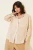 Camisa de Rayas de Venta Caliente Transfronteriza Europea y Americana para Mujer con Solapa, Bolsillo de Parche, Hombro Caído, Manga Larga, Transpirable, Estilo Perezoso de Vacaciones