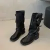 Botas largas de mujer estilo páramo 2025 nuevo verano-otoño plataforma de tacón grueso retro botas largas marrones botas de caballero apiladas
