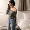 Elegante Coreano Primavera y Otoño Nuevo Estilo Francés Simple Moda Hombros Descubiertos Cuello Halter + Tirantes Finos Ajustado Tejido Conjunto de Dos Piezas para Mujer