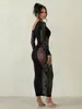 Amazon Europa América Encaje Jacquard Retro Transparente Estampado Floral Manga Larga Malla Vestido Tendencia Callejera Sexy Ajustado