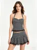 Conjunto a cuadros picante estilo americano para mujer: conjunto de dos piezas de top de encaje con cuello halter + falda plisada de tiro bajo al por mayor