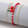Joias Europeias e Americanas, Moderno e Simples, Tornozeleira Multicamadas de Miçangas Vermelhas de Arroz, Tornozeleira Versátil com Cereja Cravejada de Diamantes de Luxo Leve