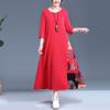Vestido de algodão e linho de tamanho grande com costura aparente, gola redonda e sete mangas, vestido feminino, novo de verão 2023, foto real