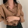 Nova Camisa Coreana Chic de Manga Longa para Primavera e Verão 2026, Camisa Casual Solta Preguiçosa com Gola Listrada para Mulheres
