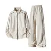 Conjunto Esportivo Listrado em Cores Contrastantes para Homem, Nova Jaqueta Casual de Gola Alta para Primavera e Outono, Jaqueta Cardigã, Calças de Corte Reto Conjunto de Duas Peças