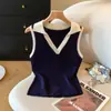 Colete Tricotado Popular Europeu e Americano Transfronteiriço de Cor Contrastante com Gola sem Mangas para Mulheres Verão Novo Estilo Estilo Suave Doce Redutor de Idade Top
