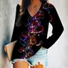 Camiseta feminina de manga comprida com gola V, estampa de sol e florais transfronteiriços, impressão digital 3D personalizada, disponível para atacado a partir de uma peça
