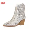 LiuFu 2026 Otoño/Invierno Nuevas Botas de Talla Grande para Mujer con Pedrería para Comercio Exterior, WISH Amazon Botas de Cuero para Mujer Estilo Europeo y Americano