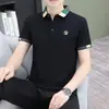 Camiseta Masculina de Manga Curta de Seda Gelada de Verão Camisa Polo com Lapela Fina Color Block Casual Business Camisa Polo de Meia Manga para Homens