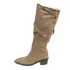 Botas Largas Retro de Piel Ante con Tacón Grueso y Punta Cuadrada para Mujer 2026 Nuevo Otoño Invierno Botas de Moda Versátiles con Hebilla Botas Arrugadas
