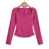 Estilo Garota Popular Outono Feminino Gola Alta Falso Duas Peças Cadarço Manga Longa Camiseta Colorida Elástica Slim Fit Lateral Plissada Camiseta Básica