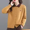 Cardigan de Tricô Color Block com Gola Lapela da Moda para Mulheres no Outono e Inverno, Peça de Roupa Externa Solta e Estilosa, Elegante Jaqueta Suéter, Blusa de Manga Longa, Tendência