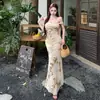 Vestido Francês de Desejo Puro de Um Ombro para Mulheres, Novo Modelo de Verão, Acinturado, Emagrecimento, Elegante Bodycon Bordado Longo Cauda de Peixe