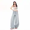 Jeans de pierna ancha de tiro alto en color azul claro para mujer, estilo retro americano, corte holgado, adelgazantes, con caída, de pierna recta, pantalones largos hasta el suelo de Yichun