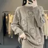 Suéter de Lã Pura Feminino Gola Redonda Crochê Feito à Mão Suéter de Tricô Vazado Estilo Solto Preguiçoso Camisa Base de Tricô Grosso Tendência