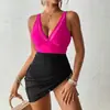Traje de Baño Enterizo de Nuevo Estilo para Mujer, Exportación de Comercio Exterior, Sexy y Ajustado, Favorecedor y Cubriente, Bloques de Color, Sin Mangas, Diseño Moderno