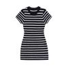 Vestido de Punto Calado de Rayas Blancas y Negras de Cuello Redondo y Manga Corta con Cintura para Mujer Verano Estilo Europeo y Americano Transfronterizo Falda Delgada