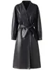 Abrigo de cuero con cordones de doble botonadura de longitud media para mujer Haining, gabardina elegante, nueva chaqueta de piel de oveja para otoño e invierno