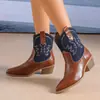 Artículos en stock Botas de vaquero occidentales para mujer Botines punta fina tacón grueso botas con bordado retro estilo otoño e invierno Botines versátiles para mujer Transfronterizo