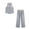 Moda Europeia e Americana Verão 2025 Casual Gola Listrada Conjunto de Calça e Top Vortonal Feminino B482364/5