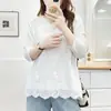 Especial Moda Feminina Plus Size Outono Novo Camiseta de Manga Longa com Renda 0866