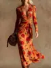 Vestido Transfronteiriço Novo Estilo com Decote em V e Mangas Longas com Elementos de Impressão Digital 3D, Saia Fashion e Personalizada para Marcar a Cintura Feminina