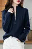 Tejido de hilo de núcleo, chaqueta suéter de punto trenzado con cremallera gris de alta gama para mujer, otoño e invierno, cárdigan de cuello alto para otoño e invierno