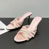 Primeiro Encontro Temporada Bico Redondo Bico Aberto Chinelos Femininos 2026 Verão Estilo Coreano Renda Salto Fino Chinelos Sandálias de Salto Alto Rosa