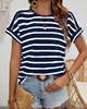 Amazon Aliexpress Nova Camiseta Listrada de Manga Curta Transfronteiriça Europeia e Americana Feminina Gola Redonda Solta Casual de Verão Versátil
