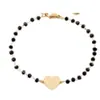 Pulsera de Trébol de Cuatro Hojas Galvanizado Moda Pulsera de Pareja Pulsera con Cuentas de Vidrio Negro Multifacético Colgante de Corazón