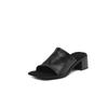 Piel de Oveja Súper Suave Ropa Exterior Silenciosa Zapatillas de Tacón Grueso Estilo Nuevo Sencillas Versátiles Tacón Medio Punta Redonda Punta Abierta Zapatillas para Mujer