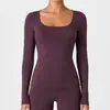 Camiseta Elegante de Manga Larga con Cuello Cuadrado para Mujer Caijue, Estilo Americano Otoñal, Corte Ajustado, Alta Elasticidad, Top de Yoga