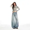 Jeans retro americanos azules de pierna ancha para mujer, verano 2026, lavado pesado, tiro medio-bajo, corte holgado, dobladillo curvo, pantalones de largo hasta el suelo