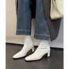 Botas femininas slim super elásticas, novas botas curtas elásticas de salto alto grosso com bico quadrado e zíper traseiro para outono e inverno para mulheres