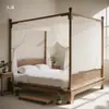 Cama de Cuatro Postes Doble con Marco Sencillo, Cama Estética Estilo Chino Nuevo, Diseño Estilo Song, Un Estilo, Dos Tipos