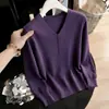 ¡Un disparo real! Foto real del top de punto con cuello en V y manga larga de cuentas para otoño e invierno 2026, top sencillo, camiseta básica, suéter de color liso