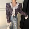 Chic Coreano2026 Primavera Nuevo Elegante y de Moda Versátil Encaje Patchwork Cuadros Holgada Manga Larga Juvenil Camisa para Mujer
