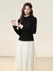 Camiseta de Renda Branca com Gola Alta Meia-Calça e Mangas Longas Camada Base com Novo Veludo Alemão Espessado para Outono e Inverno para Mulheres